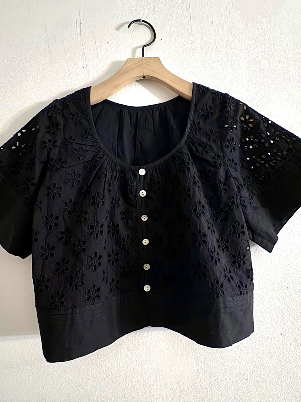 Black Eyelet Button-Front Women's Top